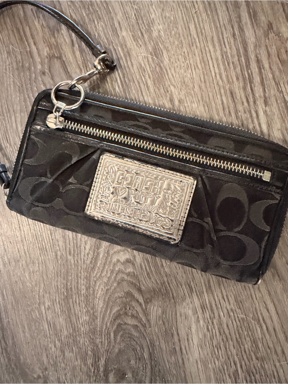 Coach Black Signature Wristlet with Silver Plaque